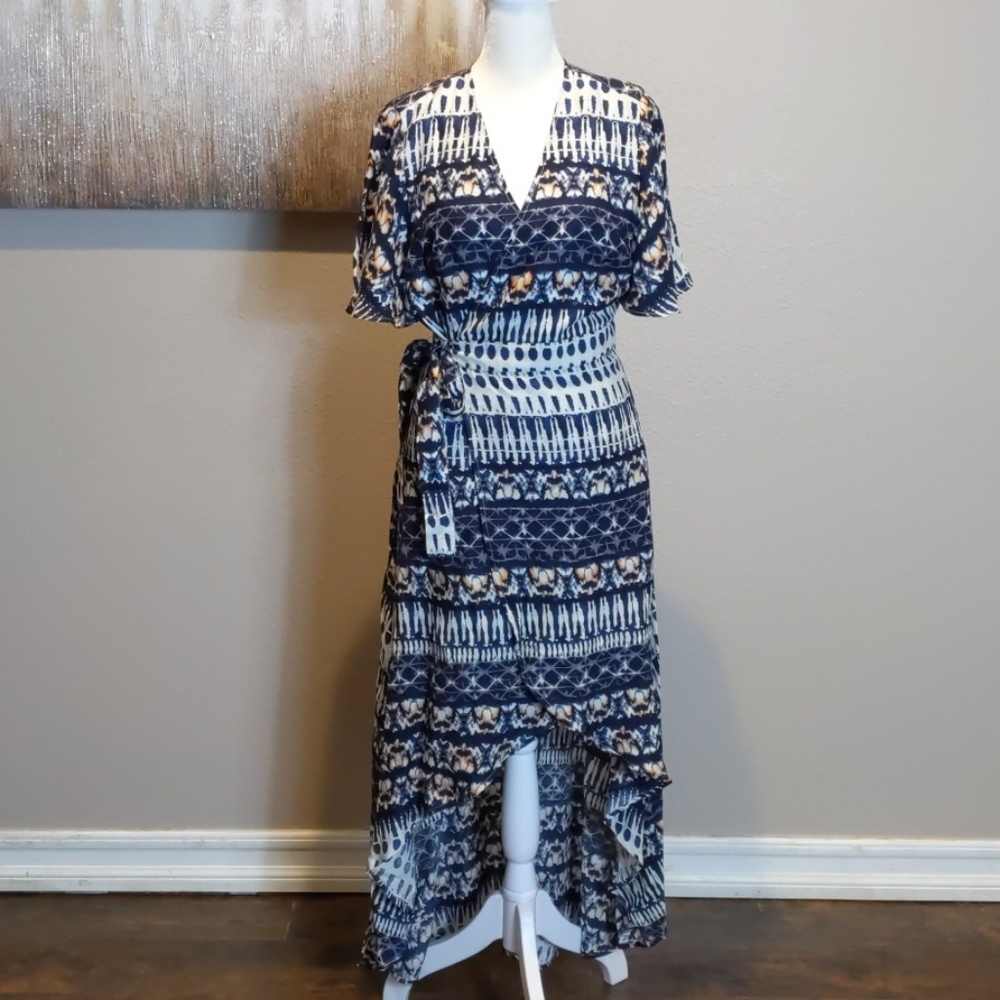 Jessica Simpson Navy and White High-Low Wrap Dress